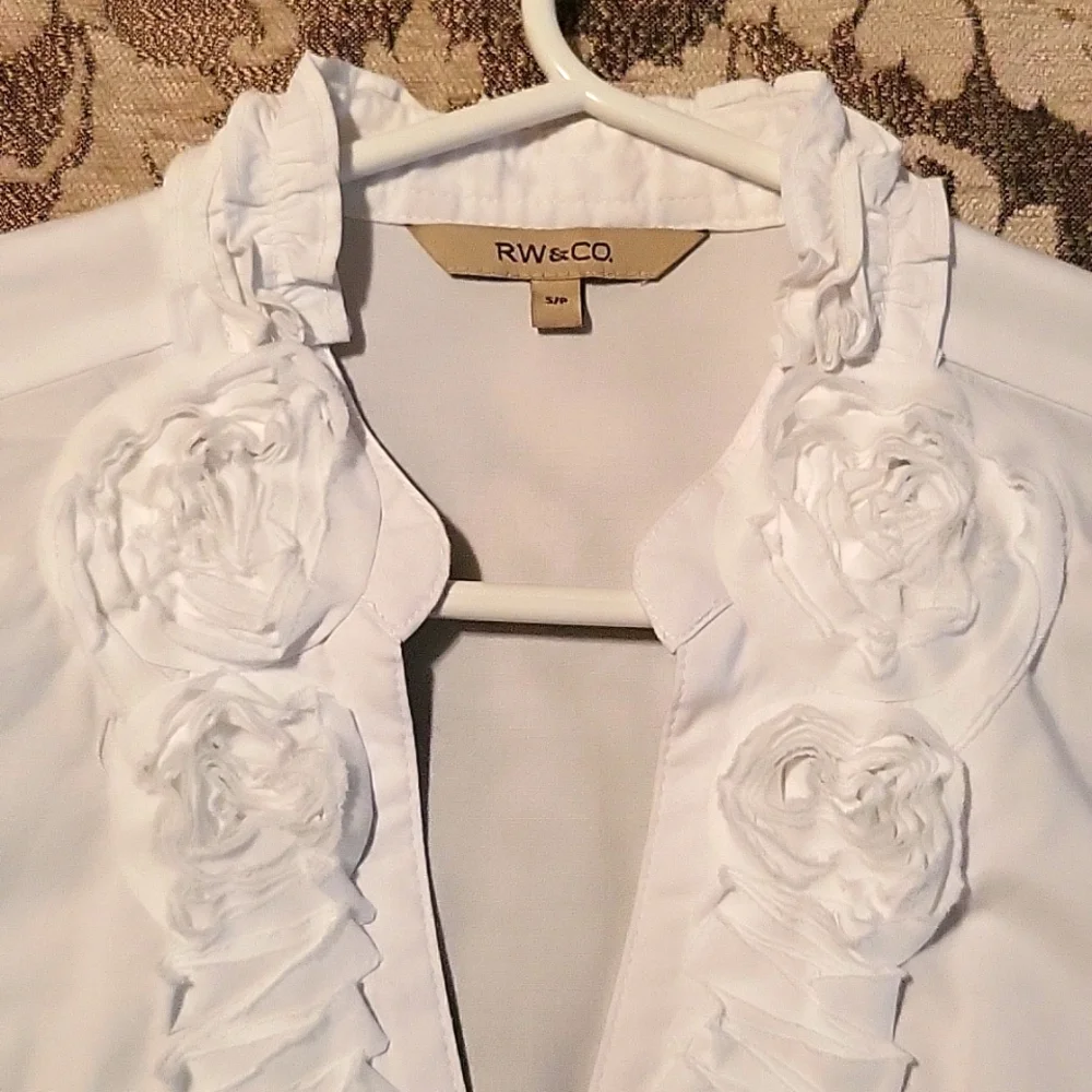 NWOT Crisp White Cotton Stretch Blouse, Short Sleeve, Ruffled V-neck, S - Picture 9 of 15